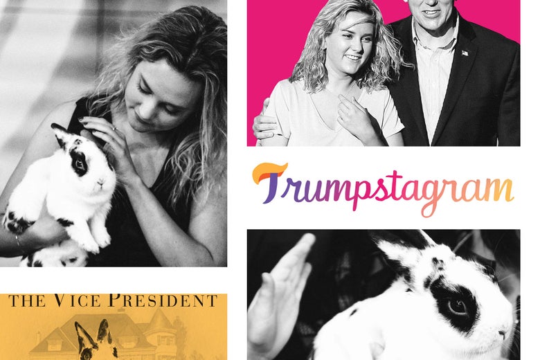 Photo illustration: A collection of images of Charlotte Rose Pence with Marlon Bundo, the Pence family rabbit, in the stylized logo for the Trumpstagram pop-up blog.